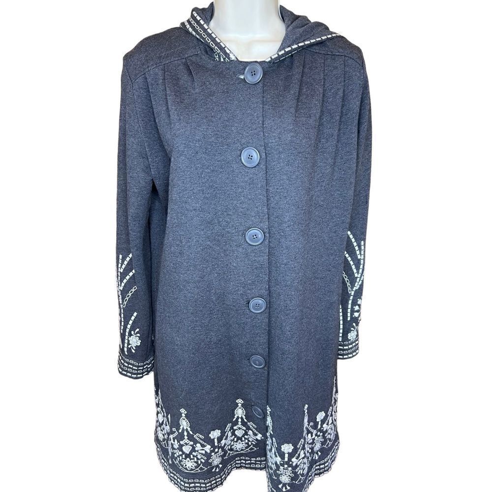 Johnny Was Grey Cotton Embroidered Military Coat Size XS